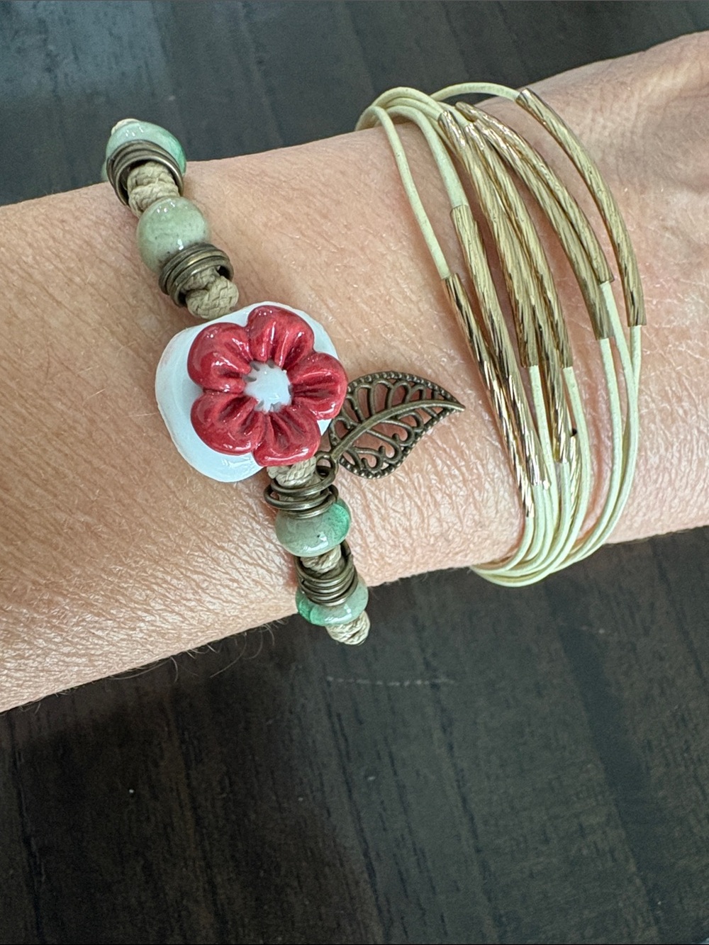 Handcrafted Red Flower Beaded Bracelet with Leaf Charm